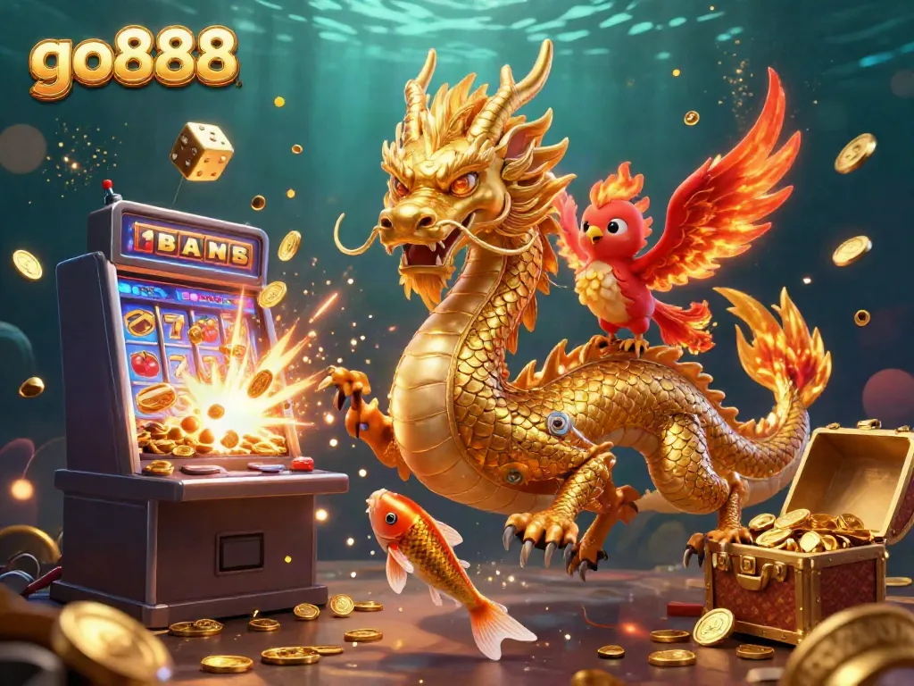 Win big with go888 at this vibrant casino scene featuring golden mystical creatures and exciting games.