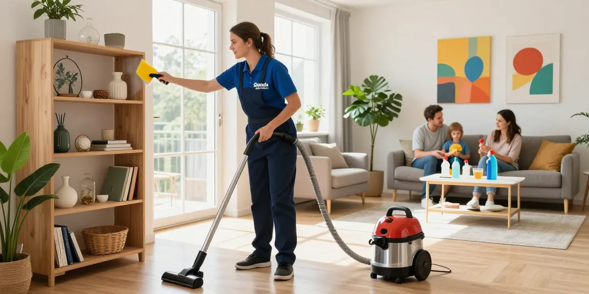 Professional cleaner in Bern dusting a stylish living room, showcasing reinigungsfirma bern service benefits.