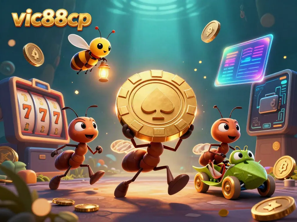 Engaging scene of characters from vic88cp heisting a giant poker chip, amidst slot elements and cryptocurrency themes.