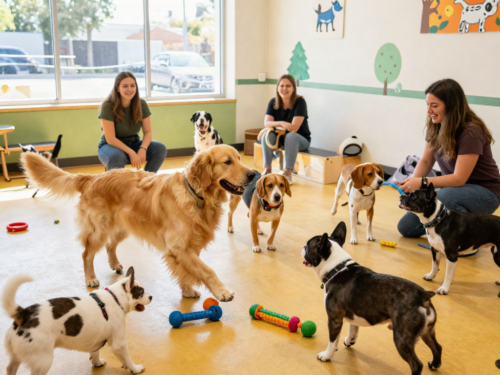 Dogs playing joyfully at a dog daycare, showcasing a vibrant slot depo 10k pet environment.