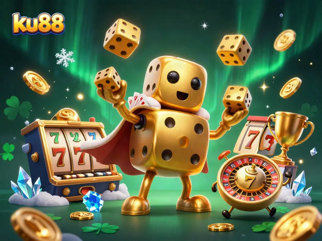 Engage with thrilling slots and jackpots at ku88 featuring a dynamic golden dice golem.