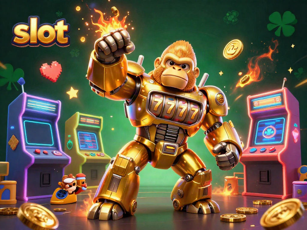Experience thrilling slots with a 3D golden gorilla mech powered by slot machine parts.