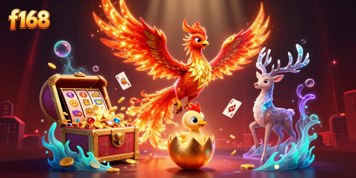 Experience the vibrant f168 casino scene with a golden phoenix, jackpot elements, and mystical stag.