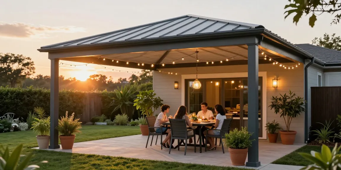 Terrassenüberdachungen schaffen einladende Außenbereiche für Familienessen in einem modernen Garten.