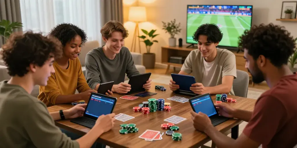 Friends enjoying a social gaming session discussing Alternatif Bola88 in a cozy living room.