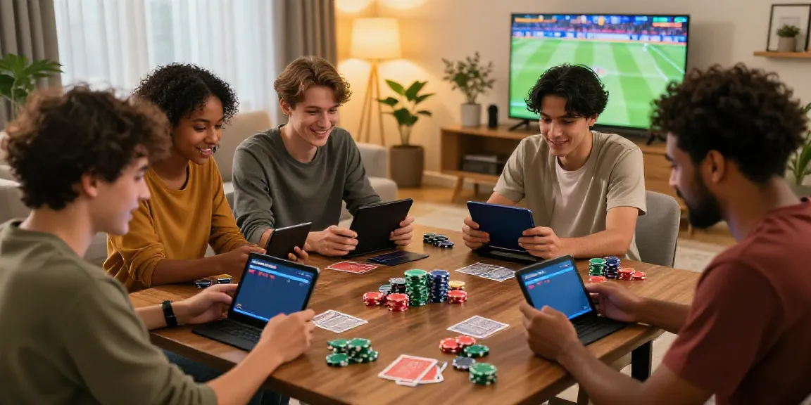 Friends enjoying a social gaming session discussing Alternatif Bola88 in a cozy living room.