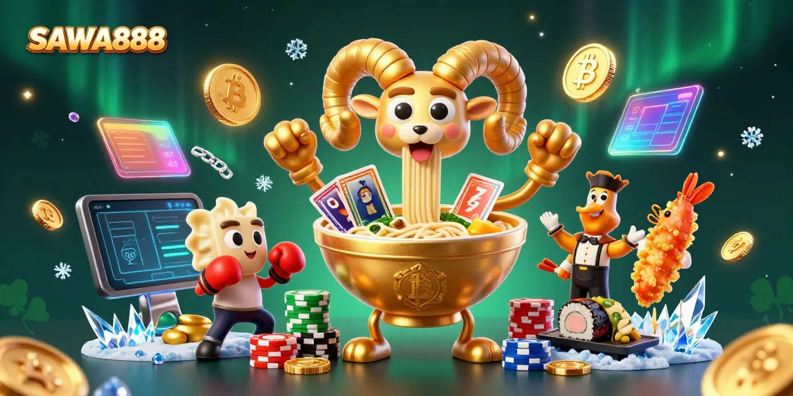 Join the fun at SAWA888 with a vibrant 3D casino scene featuring unique characters and crypto elements.