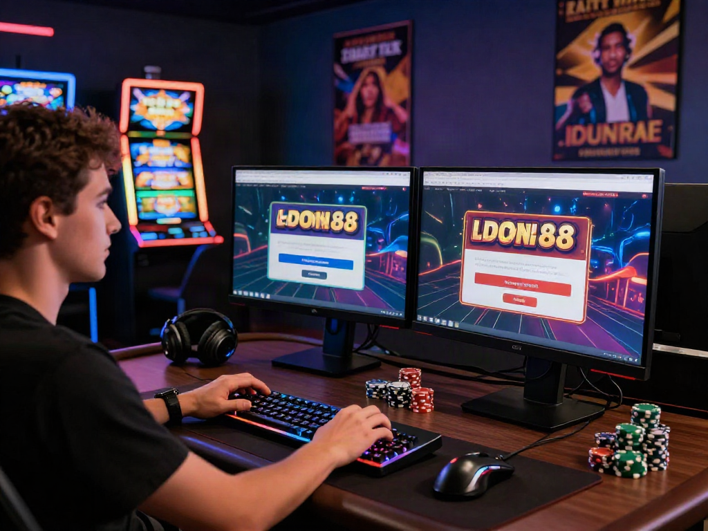Engaging scene of a gamer at slot88 login with colorful casino setup and gaming accessories