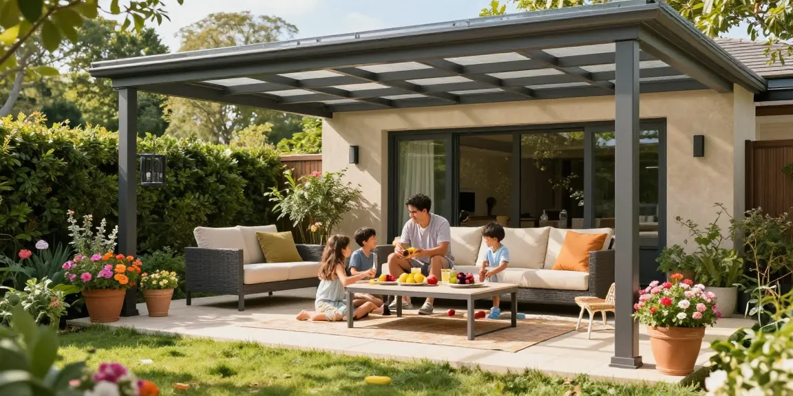 Moderne freistehende Terrassenüberdachung in einem idyllischen Garten mit Familie, die ein Picknick genießt.