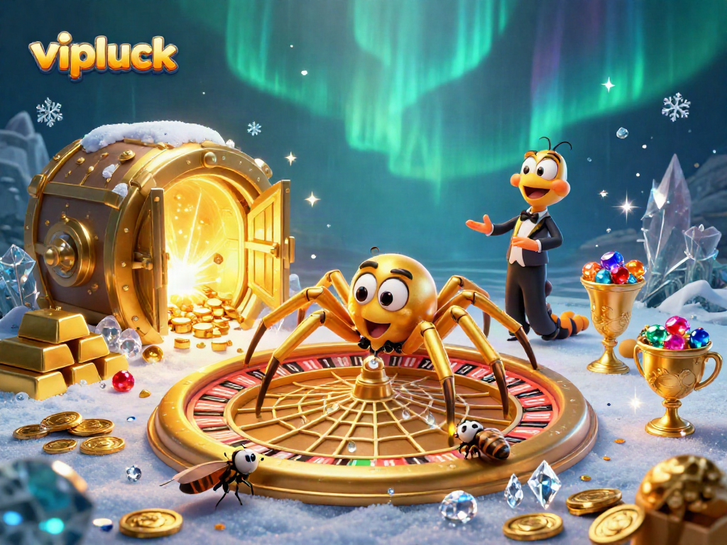 Bet on the golden web of vipluck's casino treasures while a spider croupier spins the wheel.