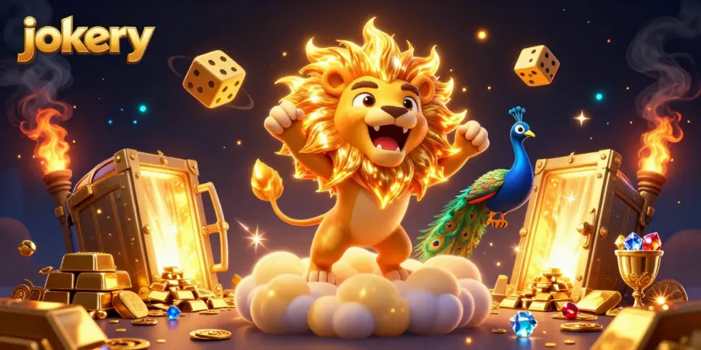 Experience the thrill at Jokery Casino with a 3D scene featuring vibrant gambling elements and characters.