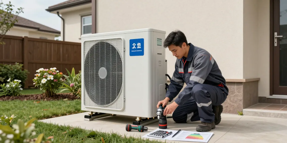 wärmepumpe kaufen installation of a heat pump by a technician in a well-maintained backyard.
