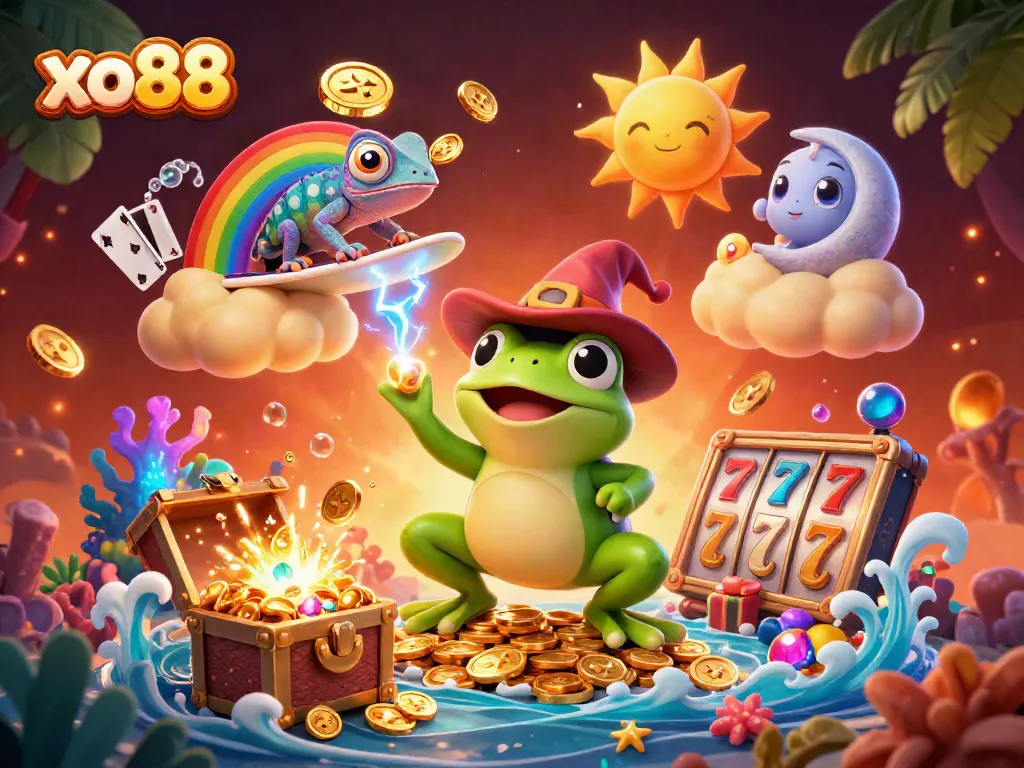 Experience the thrill of xo88 with the weather wizard frog unleashing a storm of golden coins.