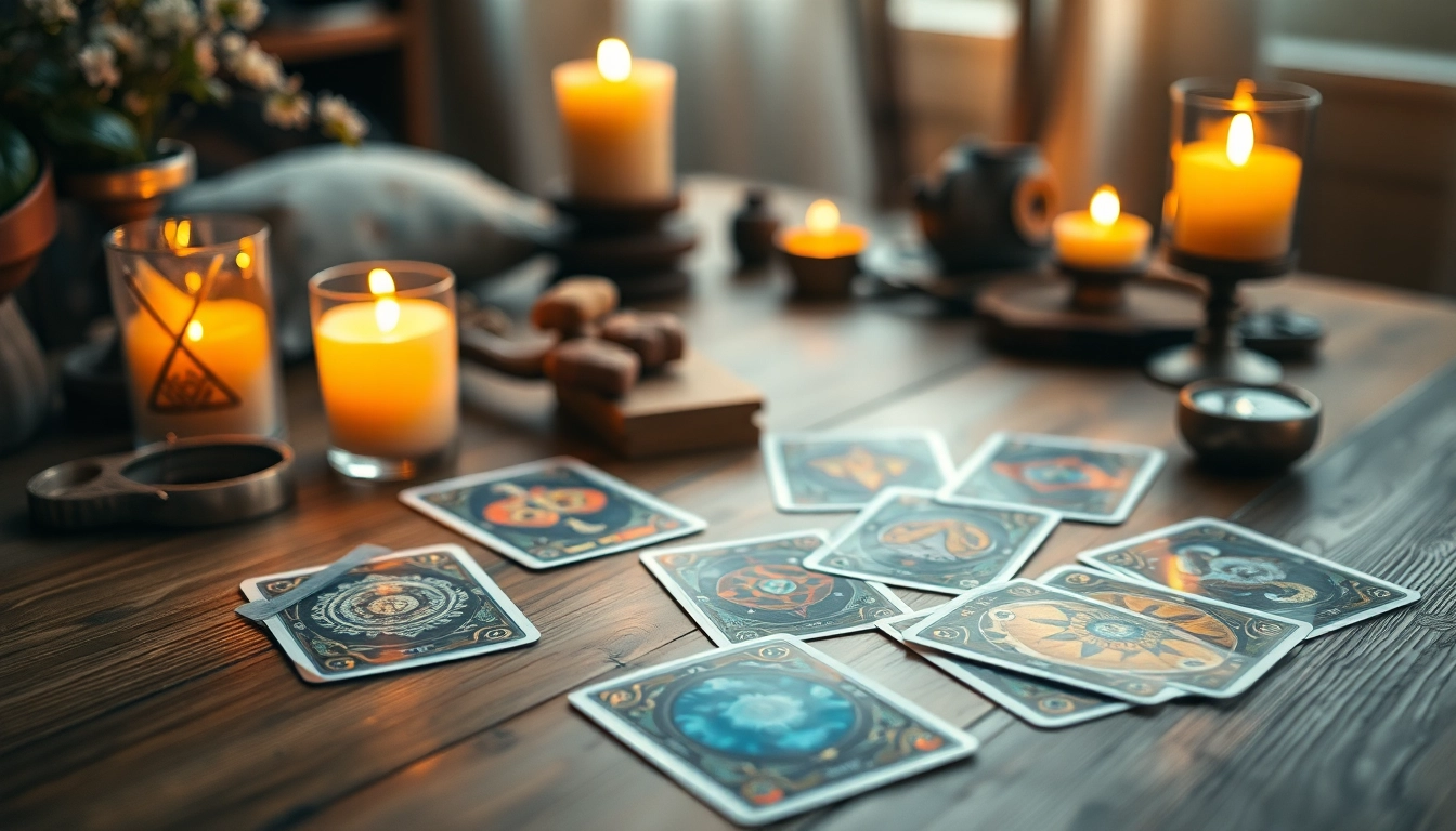 Karten und ihre tarotkarten bedeutung auf einem Holztisch, umgeben von Kerzenlicht.