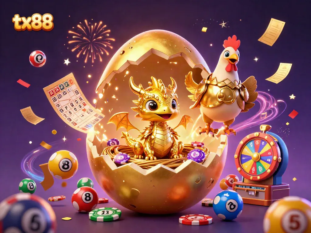 Experience thrilling wins at tx88 with a dazzling scene of gold dragon, vibrant casino elements, and festive confetti.