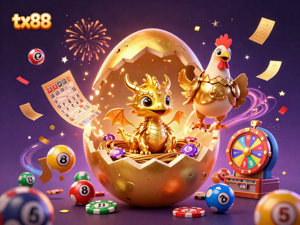 Experience thrilling wins at tx88 with a dazzling scene of gold dragon, vibrant casino elements, and festive confetti.