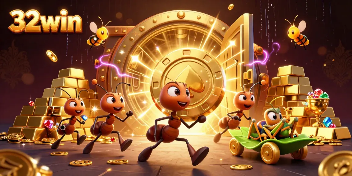 32win ants executing a heist for a giant poker chip in a vibrant casino-themed scene.