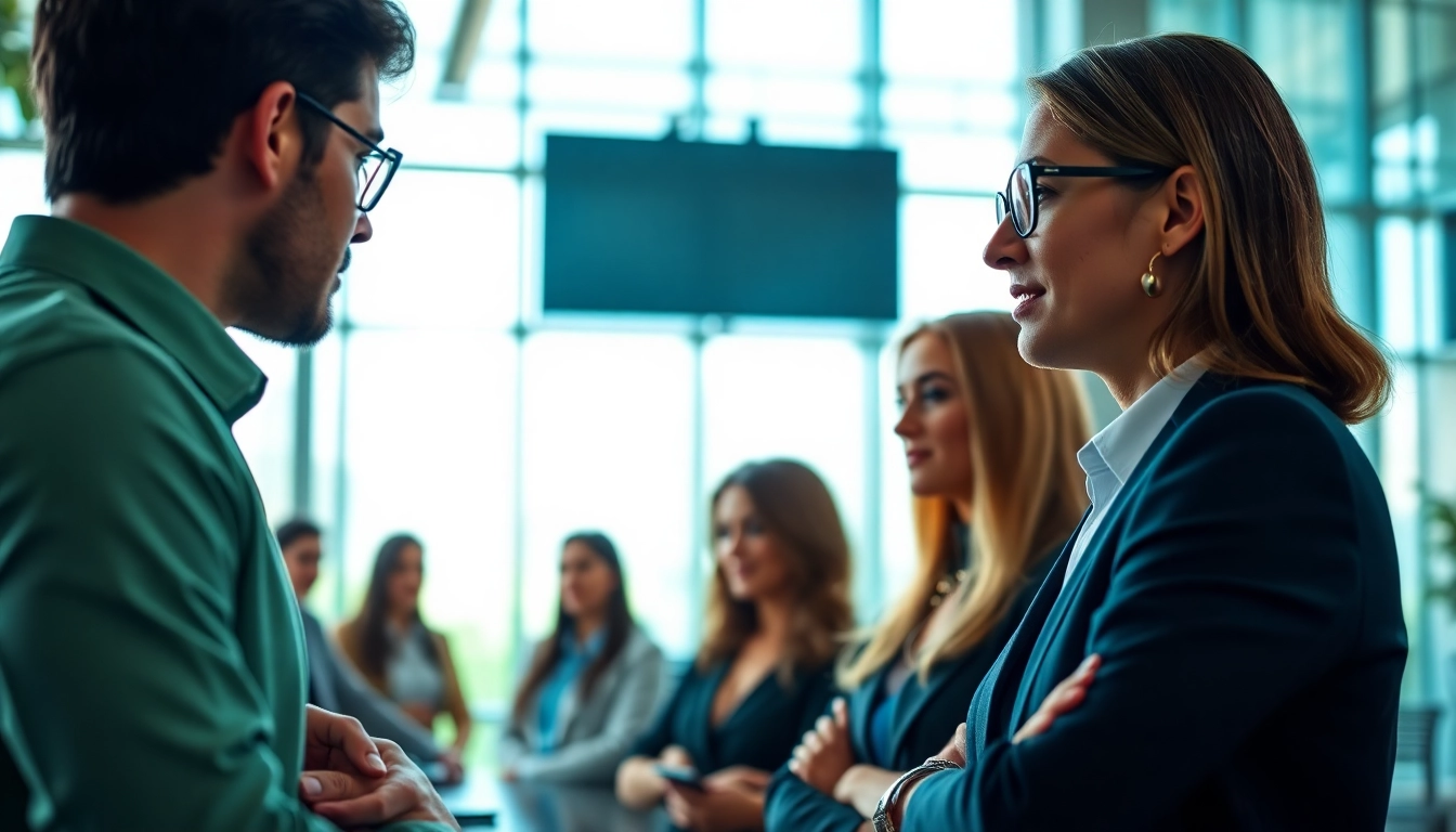 Headhunter IT interaction with diverse candidates in a modern office environment.
