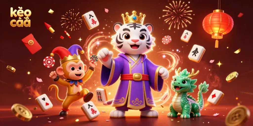 Engage in betting excitement with kèo nhà cái as a majestic white tiger and entertaining monkey showcase vibrant gambling elements.