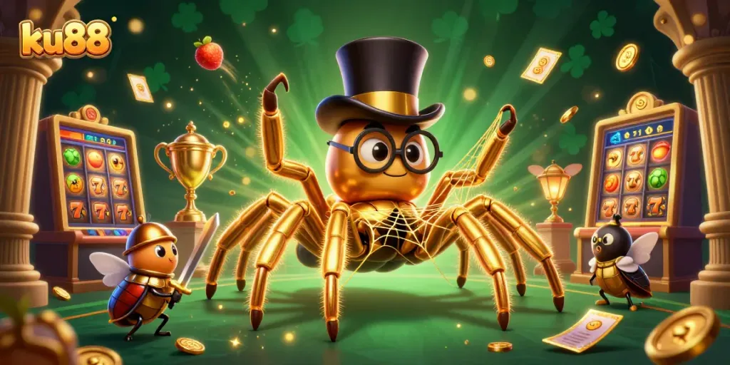 ku88 showcases a thrilling 3D scene of a golden tarantula weaving magic, embodying casino excitement.