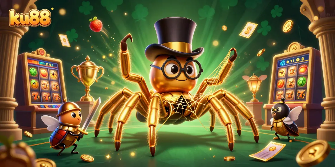 ku88 showcases a thrilling 3D scene of a golden tarantula weaving magic, embodying casino excitement.