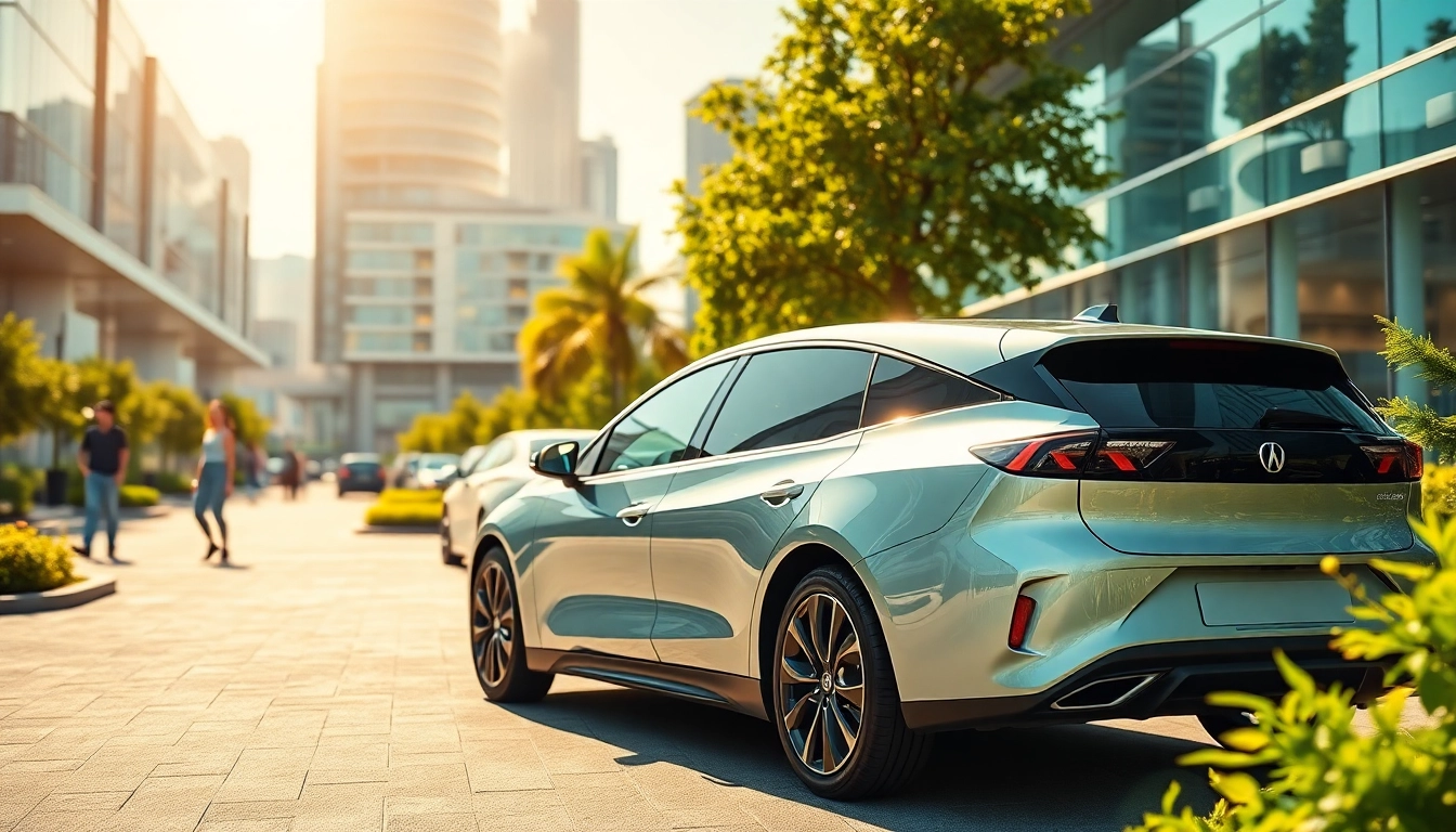 Elektroautos in modern Stadtumgebung mit futuristischem Design und fröhlicher Atmosphäre.