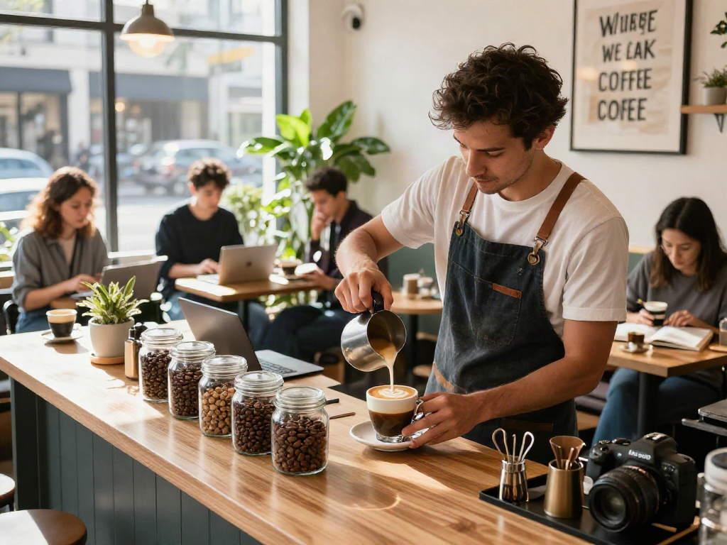 Barista at rokok88 coffee shop crafting espresso with inviting atmosphere.