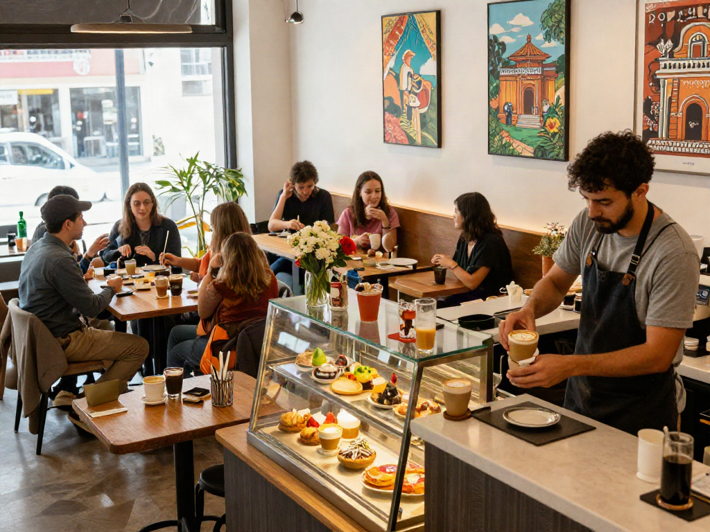 Engaging café experience promoting rokok88 alternatif with vibrant social interactions and specialty coffee.