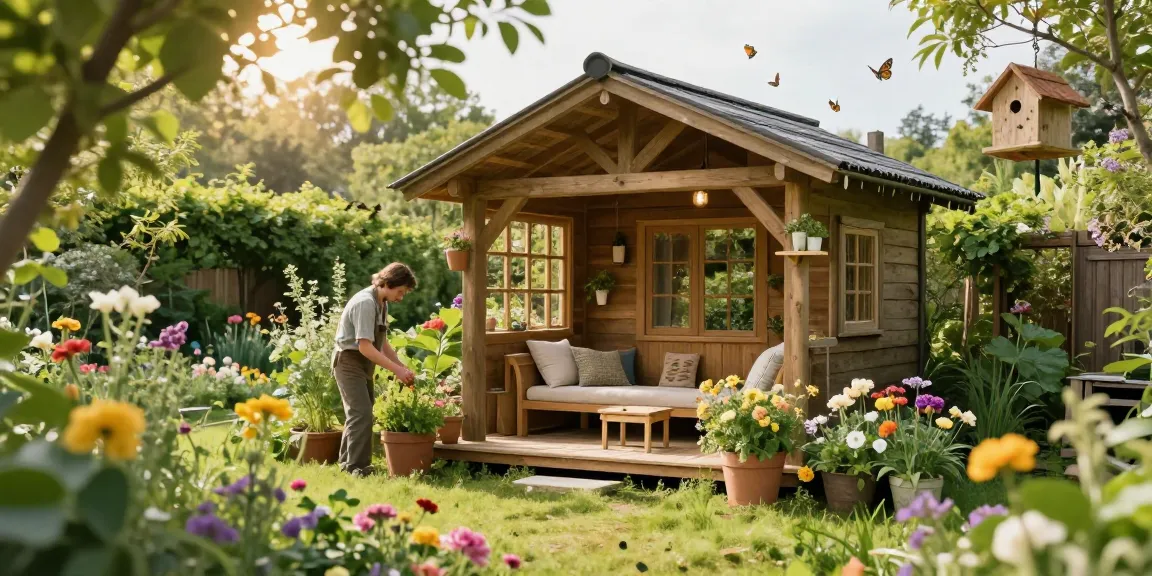 Wunderschönes Gartenhaus umgeben von blühenden Pflanzen und gemütlicher Sitzecke.