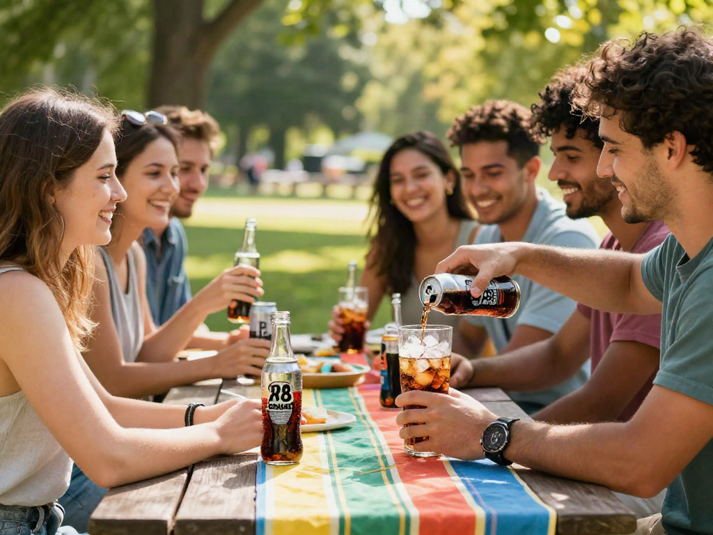 Friends enjoying ROKOK88 soda on a sunny day in a park.