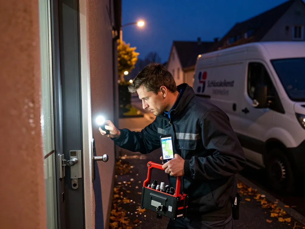 Professioneller Schlossertechniker vom Schlüsseldienst Mannheim arbeitet nachts, um einen Notdienst anzubieten