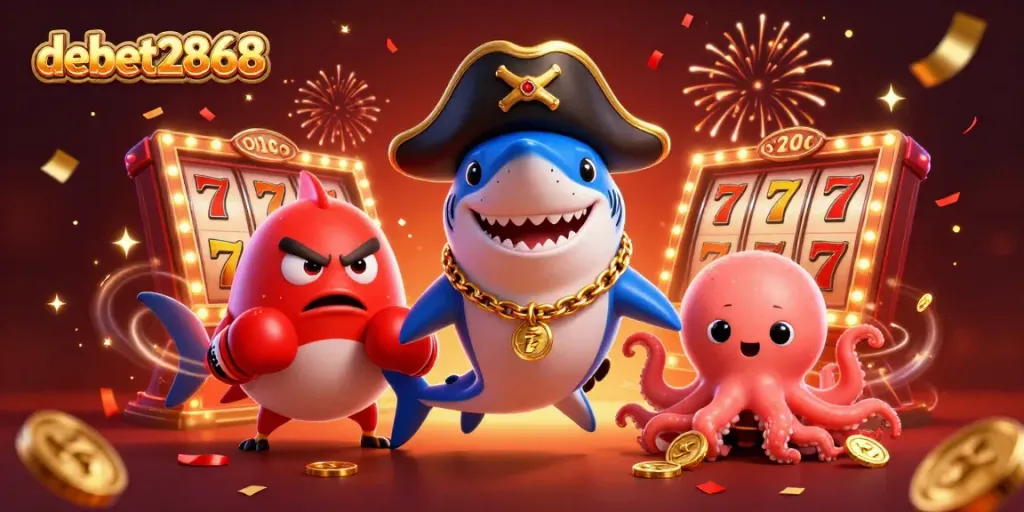 Experience the excitement of debet2868 with vibrant characters, spinning slot reels, and festive confetti.