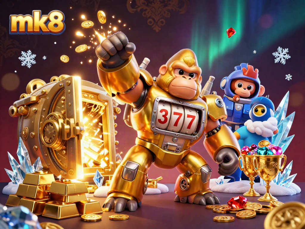 Power up your winnings with mk8's 3D golden gorilla mech smashing through coins.
