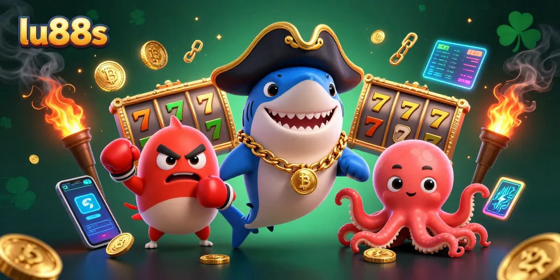 lu88s captivates players with a lively casino scene featuring a playful pirate shark, pufferfish, and octopus surrounded by vibrant game elements