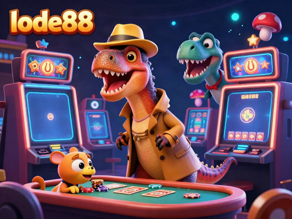 Experience thrilling slot action with lode88's cartoon velociraptor amidst vibrant slot machines and glowing jackpots.