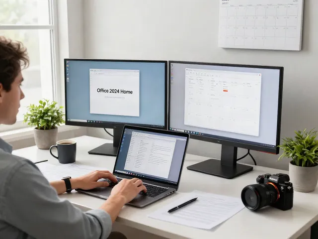 Person nutzt Office 2024 Home in einem modernen Home-Office mit Laptop und Monitoren.