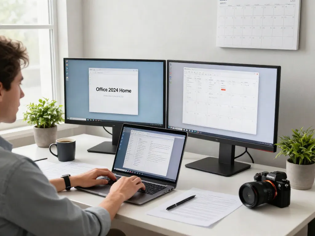 Person nutzt Office 2024 Home in einem modernen Home-Office mit Laptop und Monitoren.