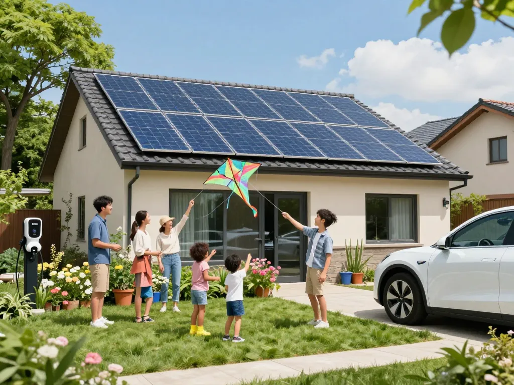 Familie der Photovoltaik Bayern, die einen sonnigen Tag mit Solarpanels auf ihrem Hausdach genießt und erneuerbare Energie hervorhebt.