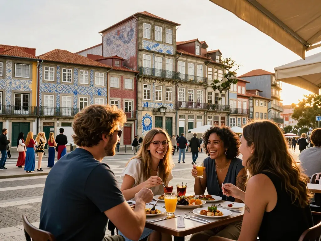 Reisetipps Porto: Reisender genießt lokale Küche in den lebhaften Straßen von Porto und fängt die Kultur der Stadt ein.